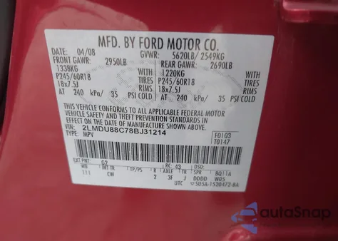 2008 Lincoln Mkx z USA, uszkodzony, nr VIN 2LMDU88C78BJ31214